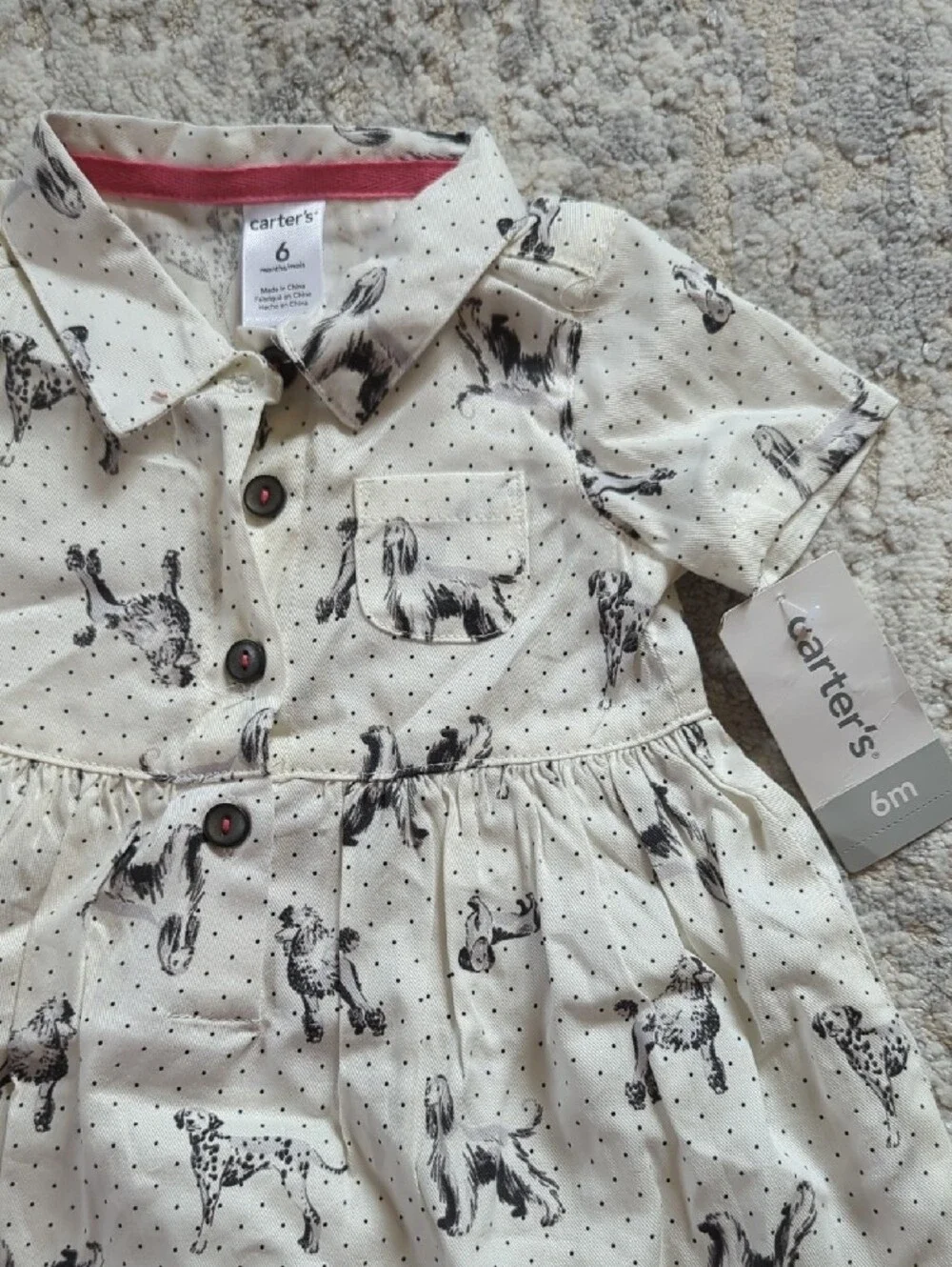 NWT Carter's Cream Dress with Black Puppy Print and Polka Dots Size 6 Months